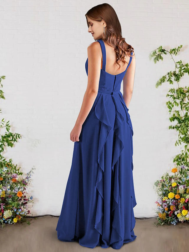 Luolandi A-Line Bridesmaid Dress V Neck Sleeveless Elegant Floor Length Chiffon with Ruffles Pure Color